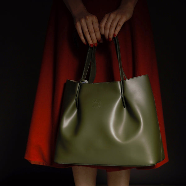 Italian Leather Tote - Olive Green