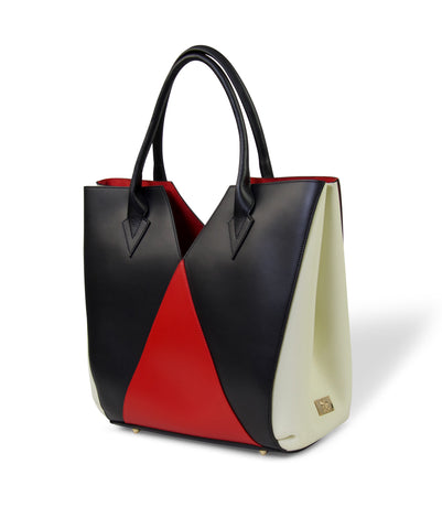 Black - Red - White Leather Tote. Made in Italy