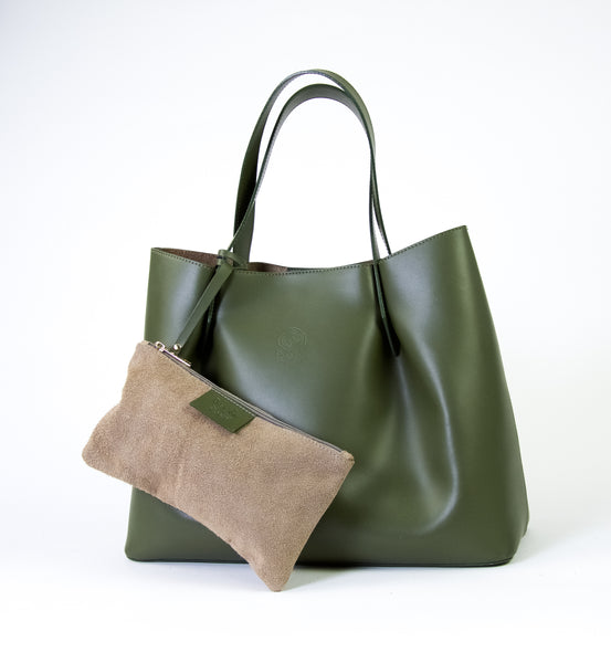 Italian Leather Tote - Olive Green