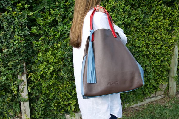 Large Leather Tote - Brown - Yellow & Brown Blue. Made in Italy