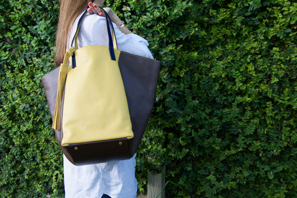 Large Leather Tote - Brown - Yellow & Brown Blue. Made in Italy