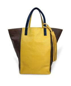 Large Leather Tote - Brown - Yellow & Brown Blue. Made in Italy