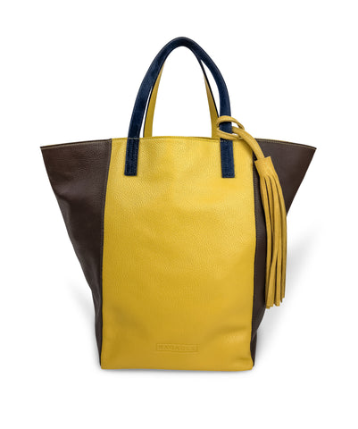 Large Leather Tote - Brown - Yellow & Brown Blue. Made in Italy