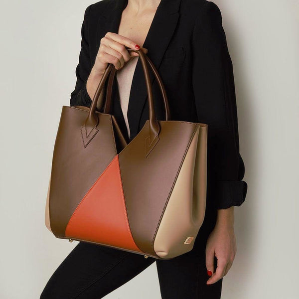 Brown - Orange - Beige Leather Tote. Made in Italy