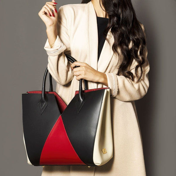 Black - Red - White Leather Tote. Made in Italy