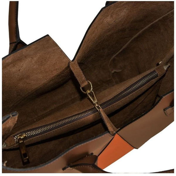 Brown - Orange - Beige Leather Tote. Made in Italy